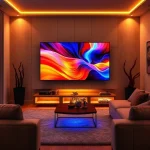 A modern living room with a large flat-screen TV displaying vibrant colors, surrounded by cozy furniture including a plush sofa and a coffee table, ambient LED lighting enhancing the viewing experience, warm and inviting atmosphere, high detail, realistic rendering