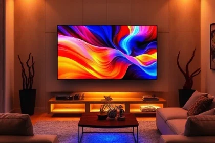 A modern living room with a large flat-screen TV displaying vibrant colors, surrounded by cozy furniture including a plush sofa and a coffee table, ambient LED lighting enhancing the viewing experience, warm and inviting atmosphere, high detail, realistic rendering