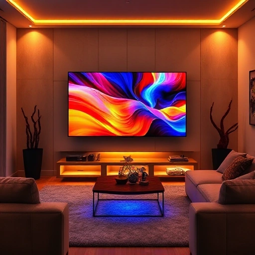 A modern living room with a large flat-screen TV displaying vibrant colors, surrounded by cozy furniture including a plush sofa and a coffee table, ambient LED lighting enhancing the viewing experience, warm and inviting atmosphere, high detail, realistic rendering