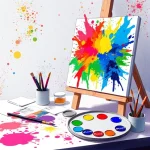 A vibrant, high-quality digital illustration of a creative artist's workspace with colorful paint splatters, a palette with TVIColor brand labels, brushes, and a canvas showing a vivid abstract painting, emphasizing elevation and inspiration in art creation