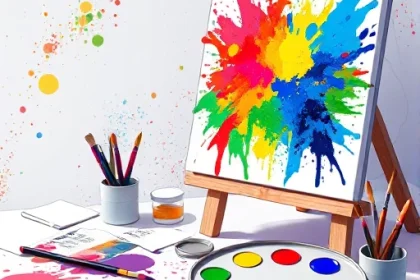 A vibrant, high-quality digital illustration of a creative artist's workspace with colorful paint splatters, a palette with TVIColor brand labels, brushes, and a canvas showing a vivid abstract painting, emphasizing elevation and inspiration in art creation