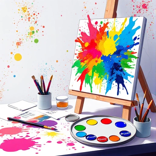 A vibrant, high-quality digital illustration of a creative artist's workspace with colorful paint splatters, a palette with TVIColor brand labels, brushes, and a canvas showing a vivid abstract painting, emphasizing elevation and inspiration in art creation