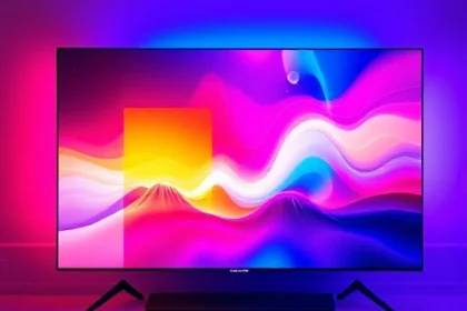 A futuristic television screen displaying vibrant, dynamic colors with a sleek modern design, showing a high-definition image of a colorful landscape or abstract pattern, representing the concept of TVIColor technology enhancing viewing experience, with subtle glowing elements and a clean, high-tech interface