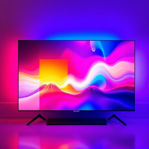 A futuristic television screen displaying vibrant, dynamic colors with a sleek modern design, showing a high-definition image of a colorful landscape or abstract pattern, representing the concept of TVIColor technology enhancing viewing experience, with subtle glowing elements and a clean, high-tech interface