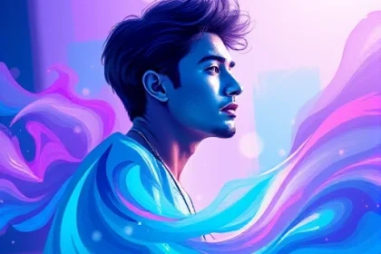 A vibrant, abstract illustration of a person mastering the art of TVIColor, with swirling gradients of teal, violet, and indigo blending into luminous color fields, subtle digital brushstrokes suggesting creative flow, no text or symbols, minimalist background with soft light flares, high detail, 8K resolution