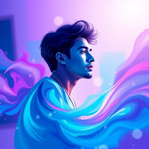 A vibrant, abstract illustration of a person mastering the art of TVIColor, with swirling gradients of teal, violet, and indigo blending into luminous color fields, subtle digital brushstrokes suggesting creative flow, no text or symbols, minimalist background with soft light flares, high detail, 8K resolution
