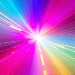 A vibrant, high-energy abstract composition representing the power of TVIColor: swirling gradients of electric cyan, magenta, and gold light radiating from a central point, with dynamic light trails and subtle pixel-like particles suggesting digital color transformation, evoking innovation and visual impact in a futuristic display environment