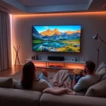 A modern living room with a large flat-screen TV displaying vibrant nature scenes, comfortable sofa, ambient LED lighting, minimalist decor, and a person relaxing with a blanket and popcorn, enhancing the TV watching experience