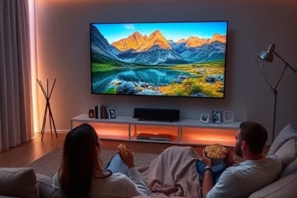 A modern living room with a large flat-screen TV displaying vibrant nature scenes, comfortable sofa, ambient LED lighting, minimalist decor, and a person relaxing with a blanket and popcorn, enhancing the TV watching experience