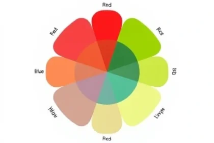 A beginner-friendly illustration showing a simple color palette with labeled primary colors (red, blue, yellow) and secondary colors (green, orange, purple) arranged in a circular wheel, with soft gradients and clean lines, suitable for a tutorial on TVIColor basics
