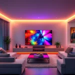 A modern living room with a vibrant, high-definition television displaying colorful, dynamic entertainment content — such as a vivid nature documentary with bright flora and fauna, or an action-packed movie scene with rich contrast and saturated colors — surrounded by sleek, minimalist furniture and ambient lighting that enhances the viewing experience. The TV screen should glow with lifelike hues, emphasizing the immersive quality of TVIColor technology.