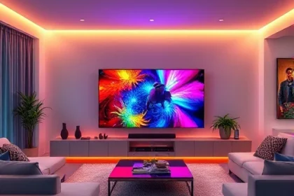 A modern living room with a vibrant, high-definition television displaying colorful, dynamic entertainment content — such as a vivid nature documentary with bright flora and fauna, or an action-packed movie scene with rich contrast and saturated colors — surrounded by sleek, minimalist furniture and ambient lighting that enhances the viewing experience. The TV screen should glow with lifelike hues, emphasizing the immersive quality of TVIColor technology.