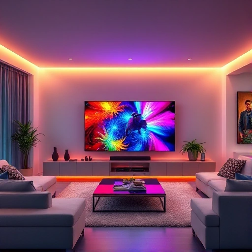 A modern living room with a vibrant, high-definition television displaying colorful, dynamic entertainment content — such as a vivid nature documentary with bright flora and fauna, or an action-packed movie scene with rich contrast and saturated colors — surrounded by sleek, minimalist furniture and ambient lighting that enhances the viewing experience. The TV screen should glow with lifelike hues, emphasizing the immersive quality of TVIColor technology.