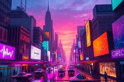 A vibrant, futuristic cityscape at sunset with glowing neon signs in shades of violet, teal, and gold, reflecting on wet streets, featuring sleek flying vehicles and holographic billboards displaying abstract color waves, evoking a sense of wonder and technological harmony
