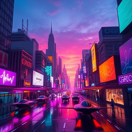 A vibrant, futuristic cityscape at sunset with glowing neon signs in shades of violet, teal, and gold, reflecting on wet streets, featuring sleek flying vehicles and holographic billboards displaying abstract color waves, evoking a sense of wonder and technological harmony
