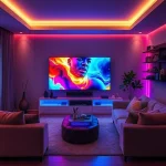 A modern living room with a large flat-screen TV displaying vibrant, colorful content, comfortable seating, and ambient lighting that enhances the home entertainment experience, showcasing TVIColor technology