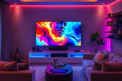 A modern living room with a large flat-screen TV displaying vibrant, colorful content, comfortable seating, and ambient lighting that enhances the home entertainment experience, showcasing TVIColor technology