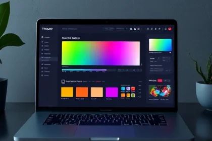 A sleek, modern digital tool interface named 'TVIColor' displayed on a minimalist dark-themed laptop screen, showing vibrant color palettes, gradient sliders, and real-time preview of colorful UI elements like buttons and charts, with soft ambient lighting and subtle reflections on the desk surface, ultra-clean and professional aesthetic, high detail, 8K resolution