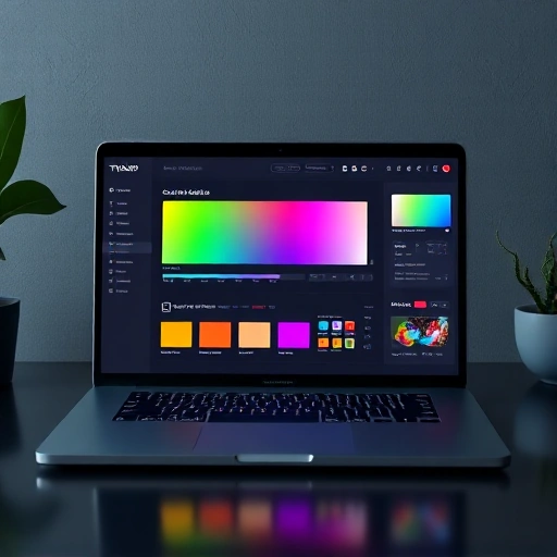 A sleek, modern digital tool interface named 'TVIColor' displayed on a minimalist dark-themed laptop screen, showing vibrant color palettes, gradient sliders, and real-time preview of colorful UI elements like buttons and charts, with soft ambient lighting and subtle reflections on the desk surface, ultra-clean and professional aesthetic, high detail, 8K resolution