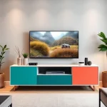 A modern living room featuring a sleek TV stand with a bold, colorful accent panel in vibrant teal and coral, surrounded by minimalist decor, soft ambient lighting, and a large flat-screen TV displaying a nature scene — no text, logos, or visible electronics branding