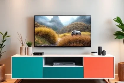 A modern living room featuring a sleek TV stand with a bold, colorful accent panel in vibrant teal and coral, surrounded by minimalist decor, soft ambient lighting, and a large flat-screen TV displaying a nature scene — no text, logos, or visible electronics branding