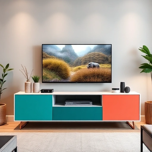 A modern living room featuring a sleek TV stand with a bold, colorful accent panel in vibrant teal and coral, surrounded by minimalist decor, soft ambient lighting, and a large flat-screen TV displaying a nature scene — no text, logos, or visible electronics branding