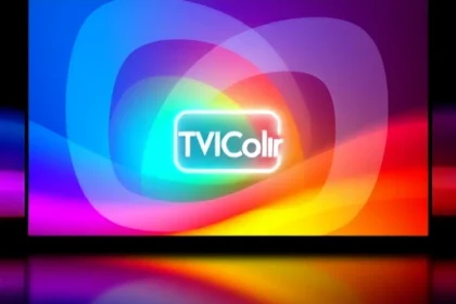 A vibrant, abstract representation of color theory in television technology, featuring overlapping RGB color waves forming a dynamic gradient spectrum, subtle pixel patterns suggesting screen technology, and a central glowing TVIColor logo made of light, all in a sleek, modern digital art style with high detail and luminous contrasts