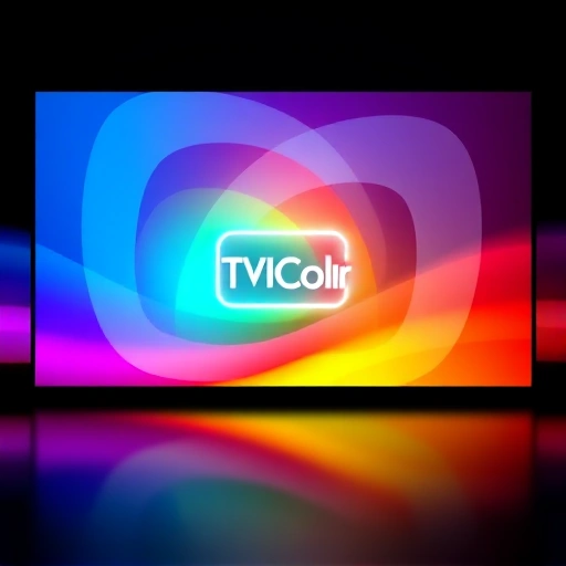 A vibrant, abstract representation of color theory in television technology, featuring overlapping RGB color waves forming a dynamic gradient spectrum, subtle pixel patterns suggesting screen technology, and a central glowing TVIColor logo made of light, all in a sleek, modern digital art style with high detail and luminous contrasts