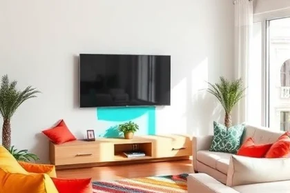 A cozy living room with a modern flat-screen TV on a minimalist wall, surrounded by vibrant accent pillows, a colorful throw rug, and a splash of bright paint on the wall behind the TV. The room is bathed in natural light, with a small potted plant adding a touch of green. The overall color palette is lively, featuring shades of teal, coral, and mustard, creating a cheerful and inviting atmosphere.