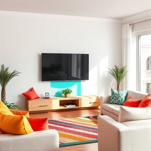 A cozy living room with a modern flat-screen TV on a minimalist wall, surrounded by vibrant accent pillows, a colorful throw rug, and a splash of bright paint on the wall behind the TV. The room is bathed in natural light, with a small potted plant adding a touch of green. The overall color palette is lively, featuring shades of teal, coral, and mustard, creating a cheerful and inviting atmosphere.