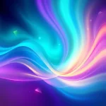 A vibrant, abstract composition featuring swirling gradients of teal, violet, and gold light forming a dynamic, flowing pattern reminiscent of a digital aurora, with soft geometric shapes floating in the background like translucent prisms, evoking a sense of technological wonder and color exploration