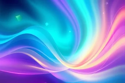A vibrant, abstract composition featuring swirling gradients of teal, violet, and gold light forming a dynamic, flowing pattern reminiscent of a digital aurora, with soft geometric shapes floating in the background like translucent prisms, evoking a sense of technological wonder and color exploration