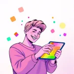 A modern, vibrant digital illustration of a person smiling while using a colorful TVIColor app interface on a tablet, surrounded by floating abstract color palettes and soft glowing light effects, conveying ease of use and creative inspiration, minimal background with clean lines and bright, uplifting tones