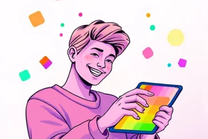 A modern, vibrant digital illustration of a person smiling while using a colorful TVIColor app interface on a tablet, surrounded by floating abstract color palettes and soft glowing light effects, conveying ease of use and creative inspiration, minimal background with clean lines and bright, uplifting tones