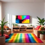A vibrant living room scene with a modern TV displaying colorful abstract art, surrounded by bright decorative pillows, a rainbow-colored rug, and lively indoor plants, creating an energetic and joyful atmosphere