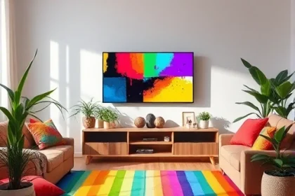 A vibrant living room scene with a modern TV displaying colorful abstract art, surrounded by bright decorative pillows, a rainbow-colored rug, and lively indoor plants, creating an energetic and joyful atmosphere