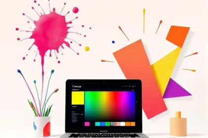 A vibrant, modern digital illustration showing a designer's workspace with colorful paint splashes, a laptop displaying a dynamic color palette interface labeled 'TVIColor', and abstract geometric shapes in bold hues radiating outward, symbolizing creativity and project enhancement, clean minimalist background with soft gradients