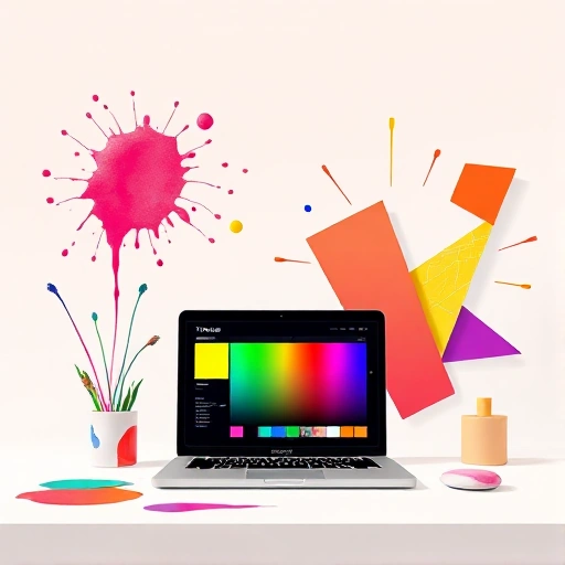 A vibrant, modern digital illustration showing a designer's workspace with colorful paint splashes, a laptop displaying a dynamic color palette interface labeled 'TVIColor', and abstract geometric shapes in bold hues radiating outward, symbolizing creativity and project enhancement, clean minimalist background with soft gradients