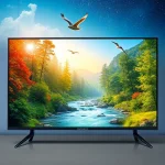 A vibrant, high-resolution illustration of a modern flat-screen TV displaying a dynamic, lifelike scene of nature—such as a sunlit forest with birds flying, a flowing river, or a starry night sky—to symbolize bringing life to the screen, with realistic colors and depth, centered composition