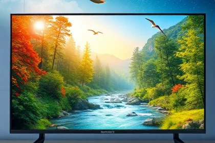 A vibrant, high-resolution illustration of a modern flat-screen TV displaying a dynamic, lifelike scene of nature—such as a sunlit forest with birds flying, a flowing river, or a starry night sky—to symbolize bringing life to the screen, with realistic colors and depth, centered composition
