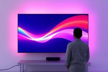A vibrant, high-quality digital illustration of a person mastering TVIColor techniques, showing colorful light waves blending smoothly across a modern TV screen, with subtle gradient overlays and soft glowing effects, representing advanced color calibration and visual harmony, in a clean, futuristic tech environment
