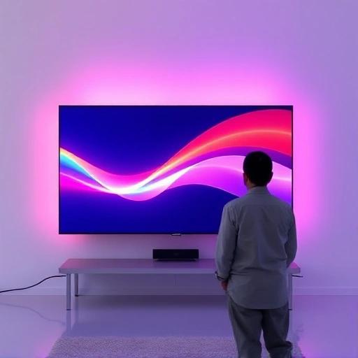 A vibrant, high-quality digital illustration of a person mastering TVIColor techniques, showing colorful light waves blending smoothly across a modern TV screen, with subtle gradient overlays and soft glowing effects, representing advanced color calibration and visual harmony, in a clean, futuristic tech environment