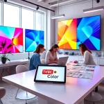 A modern, vibrant design studio interior with colorful digital screens displaying abstract geometric patterns, a sleek tablet showing the TVIColor logo, and designers collaborating around a minimalist table with color swatches and sketchpads, soft natural light from large windows, contemporary furniture, and a subtle gradient background blending cyan, magenta, and yellow tones
