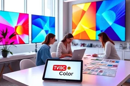 A modern, vibrant design studio interior with colorful digital screens displaying abstract geometric patterns, a sleek tablet showing the TVIColor logo, and designers collaborating around a minimalist table with color swatches and sketchpads, soft natural light from large windows, contemporary furniture, and a subtle gradient background blending cyan, magenta, and yellow tones