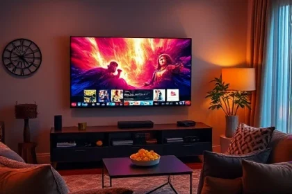 A cozy living room with a modern flat-screen TV displaying vibrant, colorful content, soft ambient lighting, a comfortable sofa, and a warm, inviting atmosphere that enhances the viewing experience