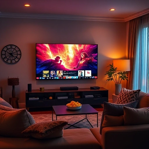 A cozy living room with a modern flat-screen TV displaying vibrant, colorful content, soft ambient lighting, a comfortable sofa, and a warm, inviting atmosphere that enhances the viewing experience