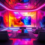 A futuristic living room with a large ultra-HD television displaying vibrant, lifelike colors spilling into the surrounding space, creating an immersive visual experience; soft ambient lighting enhances the depth and richness of hues, with subtle reflections on sleek modern furniture, conveying a sense of wonder and advanced display technology