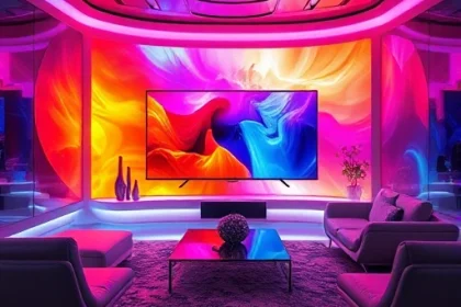 A futuristic living room with a large ultra-HD television displaying vibrant, lifelike colors spilling into the surrounding space, creating an immersive visual experience; soft ambient lighting enhances the depth and richness of hues, with subtle reflections on sleek modern furniture, conveying a sense of wonder and advanced display technology