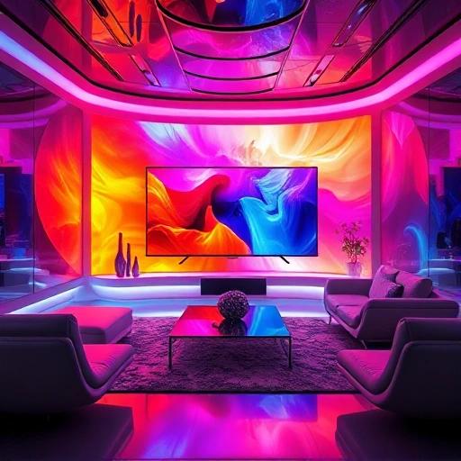 A futuristic living room with a large ultra-HD television displaying vibrant, lifelike colors spilling into the surrounding space, creating an immersive visual experience; soft ambient lighting enhances the depth and richness of hues, with subtle reflections on sleek modern furniture, conveying a sense of wonder and advanced display technology