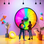 A vibrant, colorful design studio scene featuring a large, glowing color wheel, a designer holding a paint palette with vivid hues, surrounded by abstract geometric shapes in bright colors, with a subtle gradient background, all in a lively, modern aesthetic